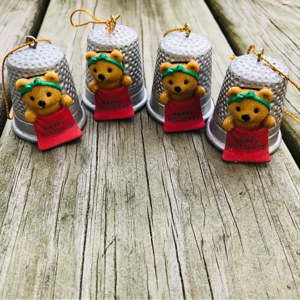 4 vintage AVON Christmas Ornaments / THIMBLE TEDDY / 1994 Gift Collection